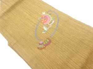 手織り紬抽象実に枝葉模様刺繍名古屋帯